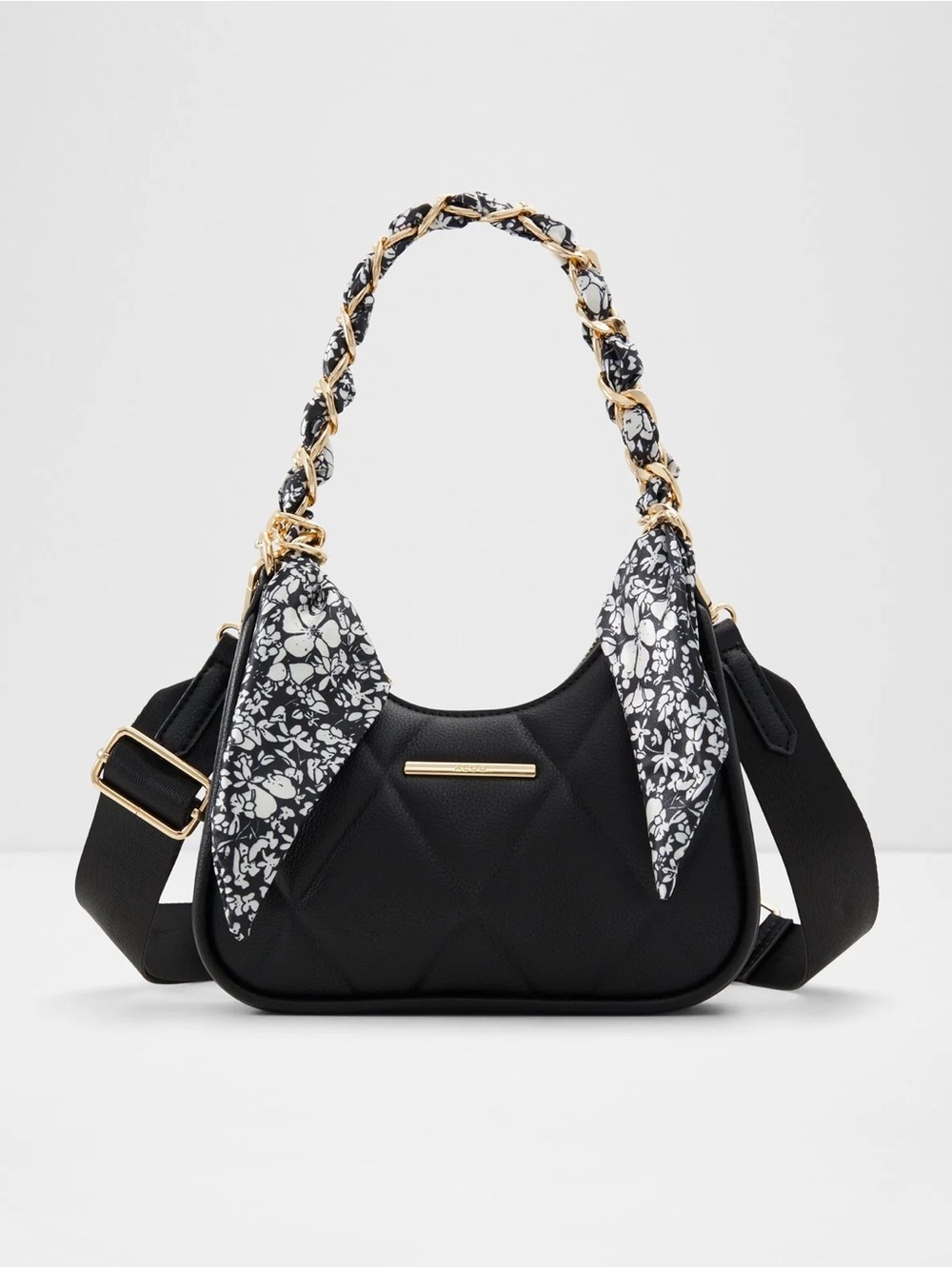 NWOT Aldo Black Quilted Shoulder Bag with Floral Scarf Accent
